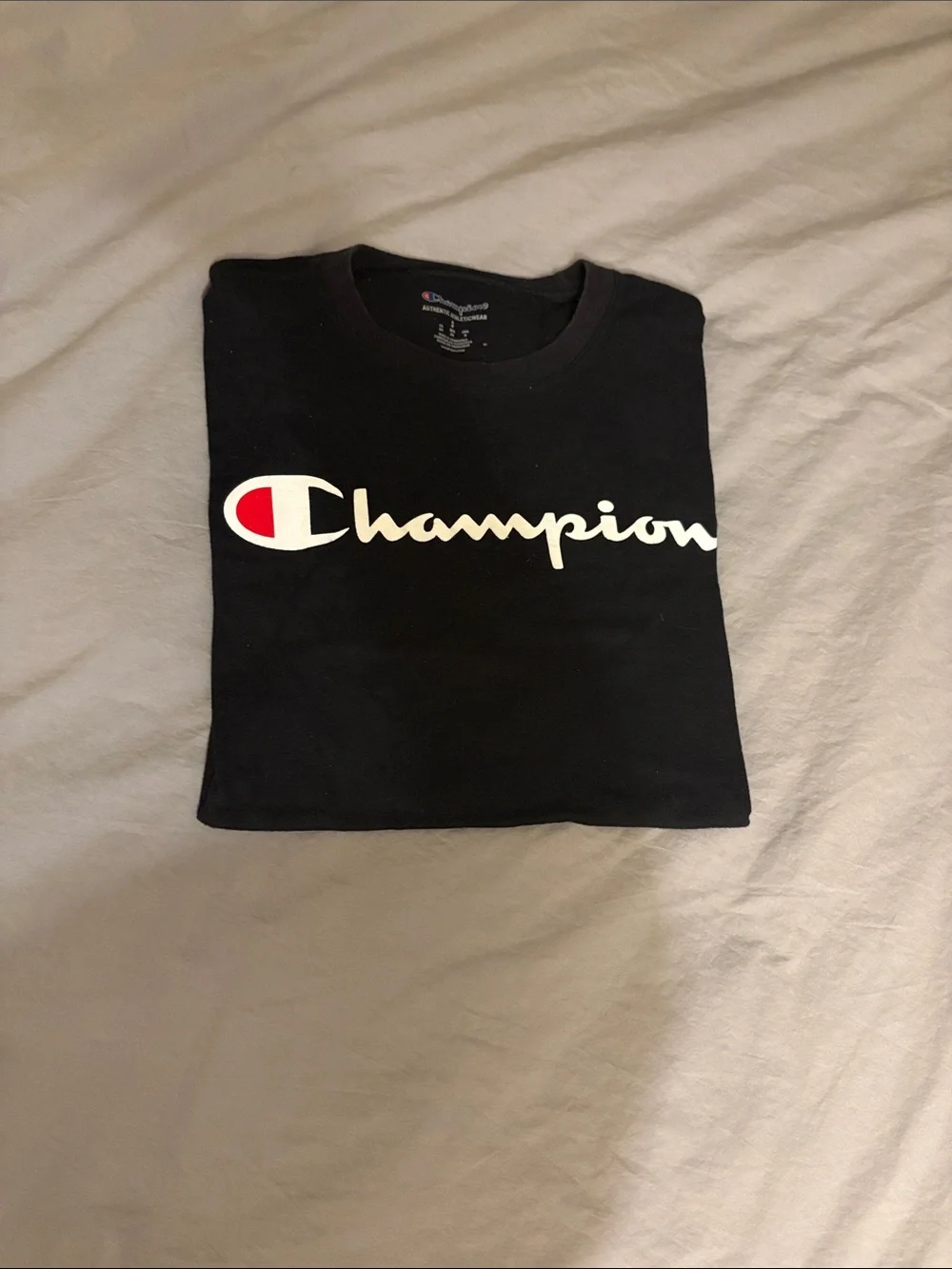 Champion Black Tee with White Script and Red Emblemworn once - Picture 2 of 3